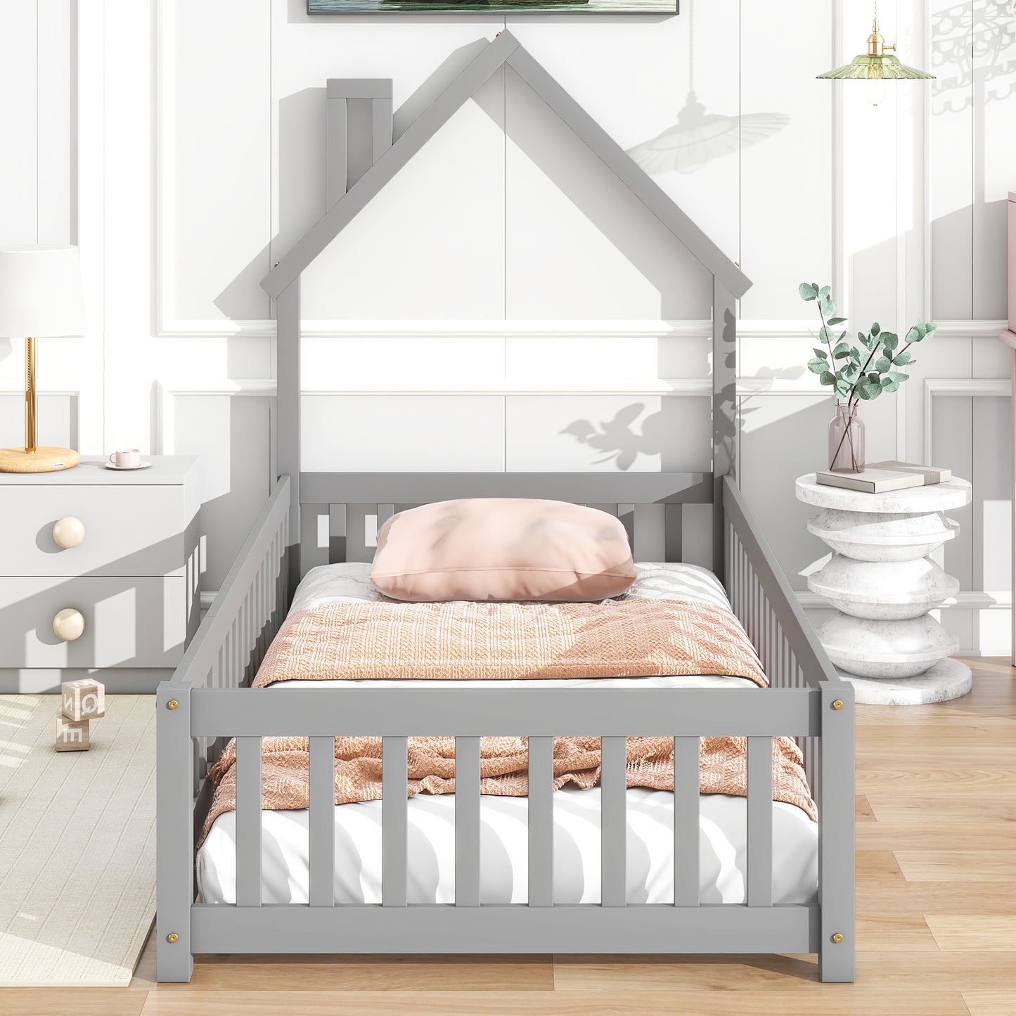 PORKISS Full Size House Platform Bed for Kids with House-Shaped Headboard, Low Floor Bed with Guardrails Fence, White