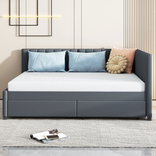 PORKISS Full Size Daybed Frame with 2 Storage Drawers, Tufted Upholstered Sofa Bed Frame No Box Spring Needed, for Living Room, Bedroom, Guest Room, Gray