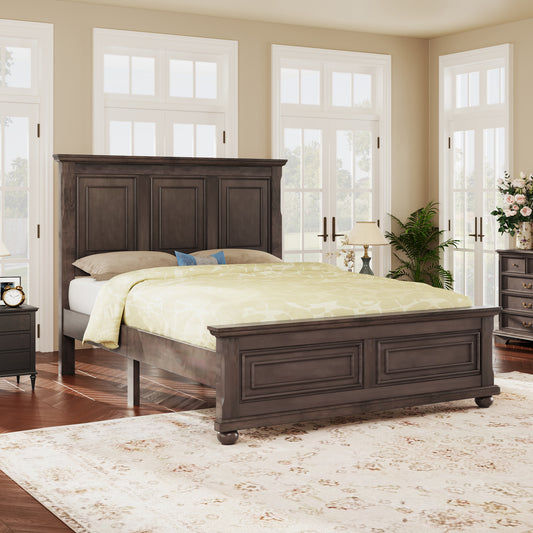 PORKISS King Size Platform Bed with Headboard and Footboard, Traditional Town and Country Style Pinewood Vintage Bed for Living Room, Bedroom, No Box Spring Required, Rich Brown