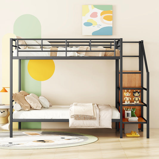 PORKISS Full Metal Bunk Beds, Industrial Metal Bunk Beds with Lateral Storage Ladder and Wardrobe, Bunkbeds for Teens, Metal Twin Bunk Bed Frame with Ladder and Full-Length Guardrail, Black