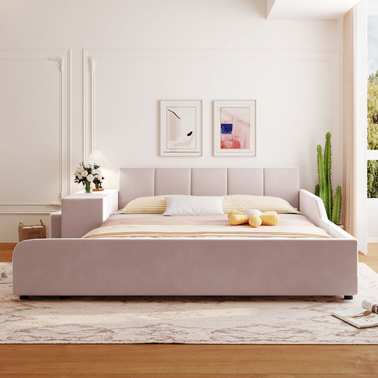 PORKISS Floor Bed Frame Queen Size Velvet Upholstered Grounded Bed with Surrounded Structure, Mother & Child Bed with Bedside Desk and Little Round Stool, Pink