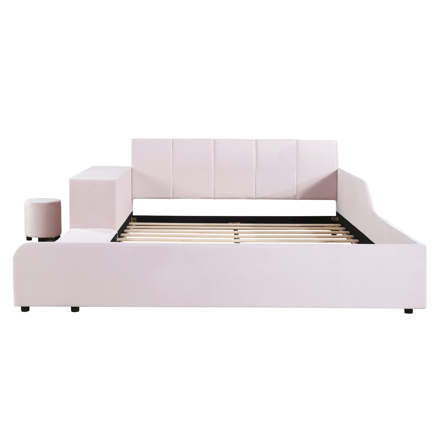 PORKISS Floor Bed Frame Queen Size Velvet Upholstered Grounded Bed with Surrounded Structure, Mother & Child Bed with Bedside Desk and Little Round Stool, Pink