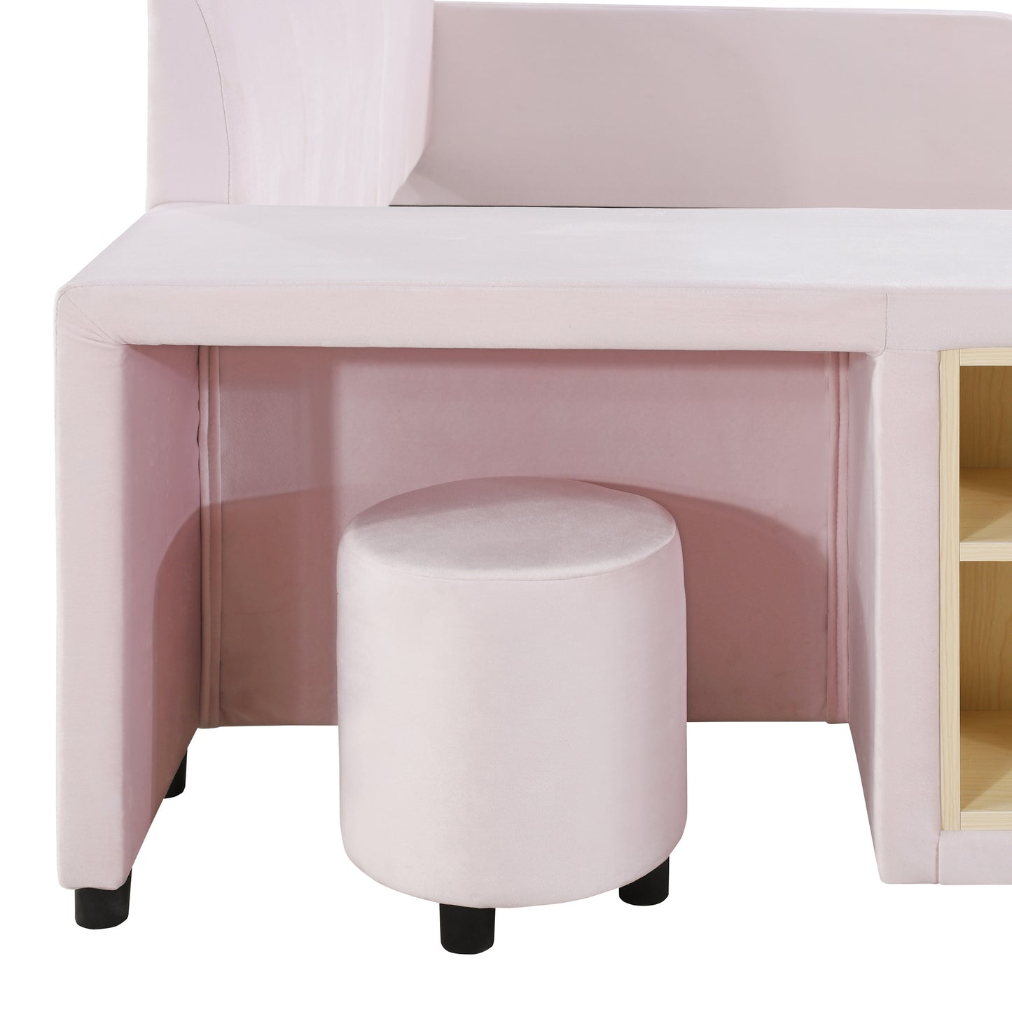 PORKISS Floor Bed Frame Queen Size Velvet Upholstered Grounded Bed with Surrounded Structure, Mother & Child Bed with Bedside Desk and Little Round Stool, Pink
