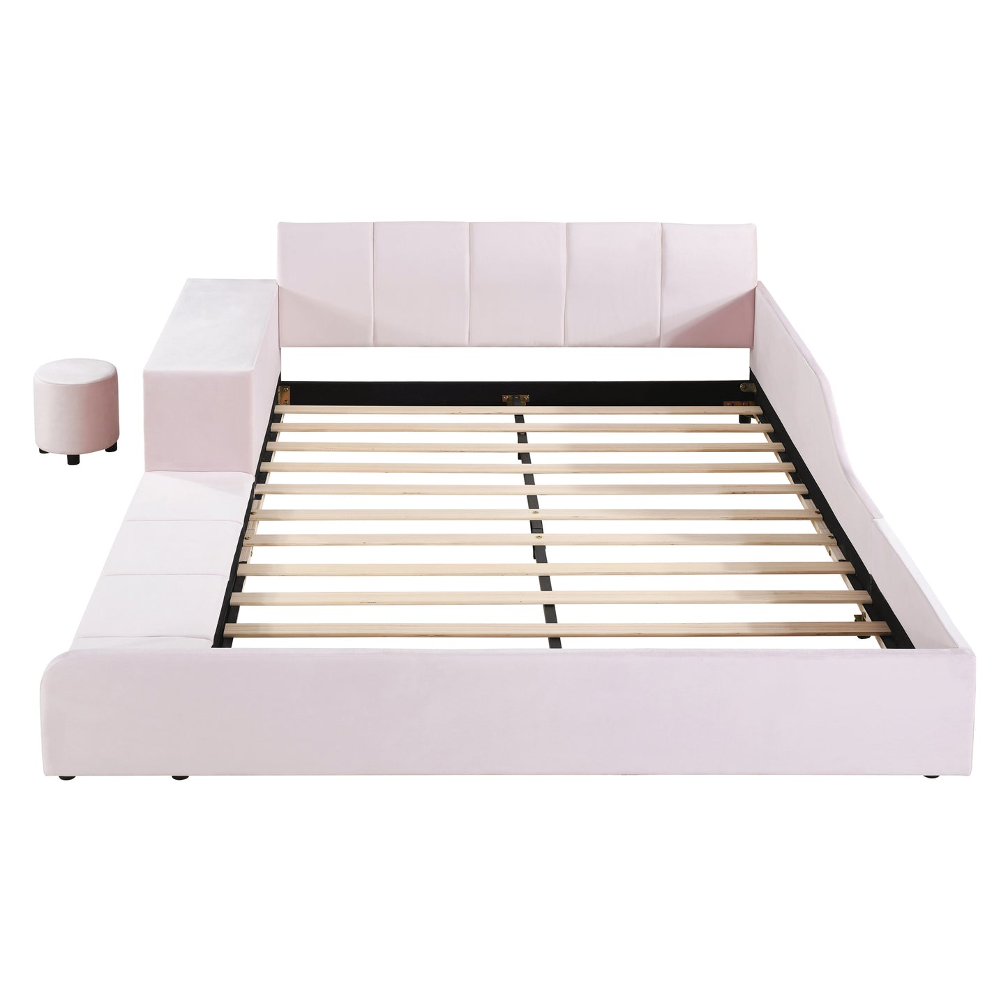 PORKISS Floor Bed Frame Queen Size Velvet Upholstered Grounded Bed with Surrounded Structure, Mother & Child Bed with Bedside Desk and Little Round Stool, Pink