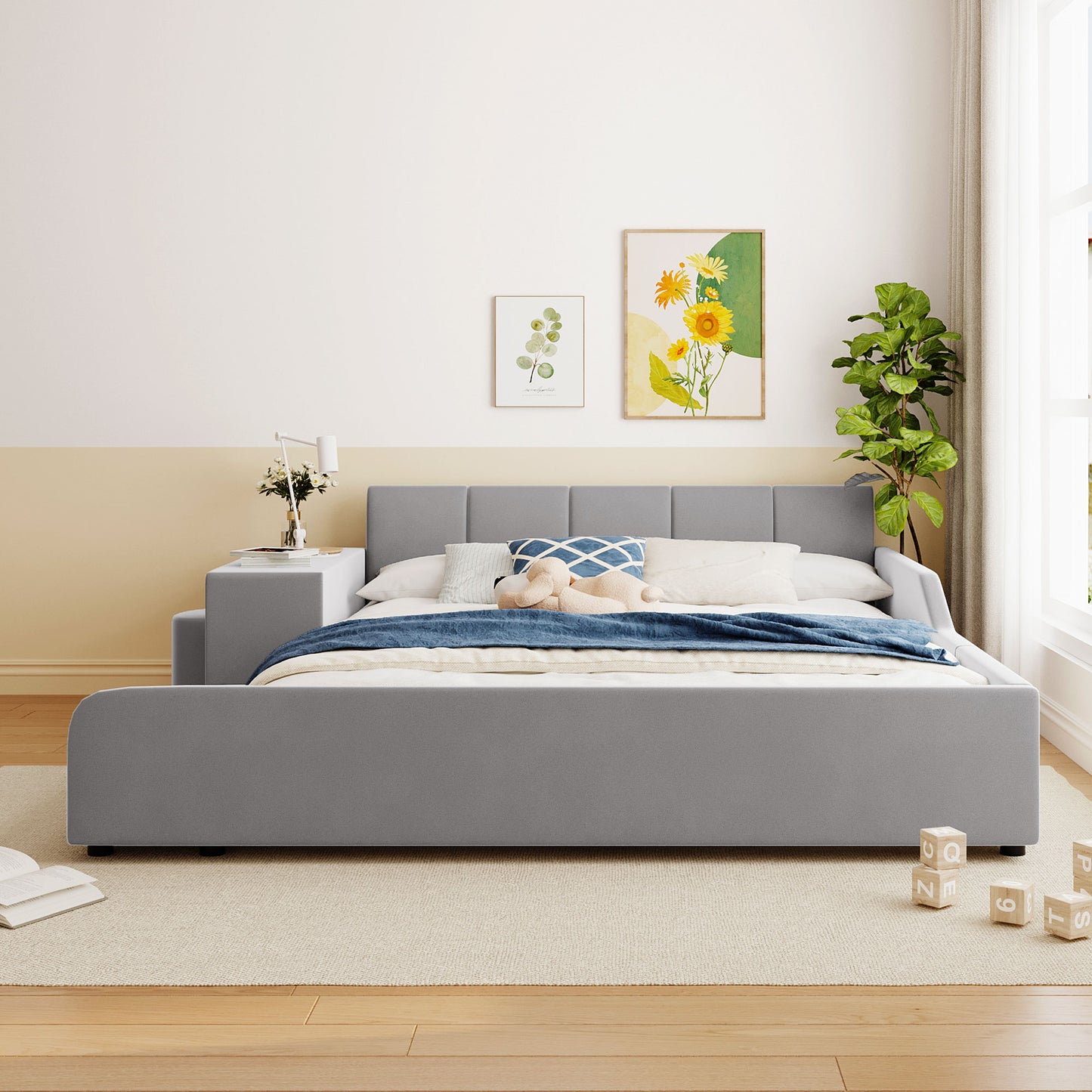 PORKISS Floor Bed Frame Queen Size Velvet Upholstered Grounded Bed with Surrounded Structure, Mother & Child Bed with Bedside Desk and Little Round Stool, Pink