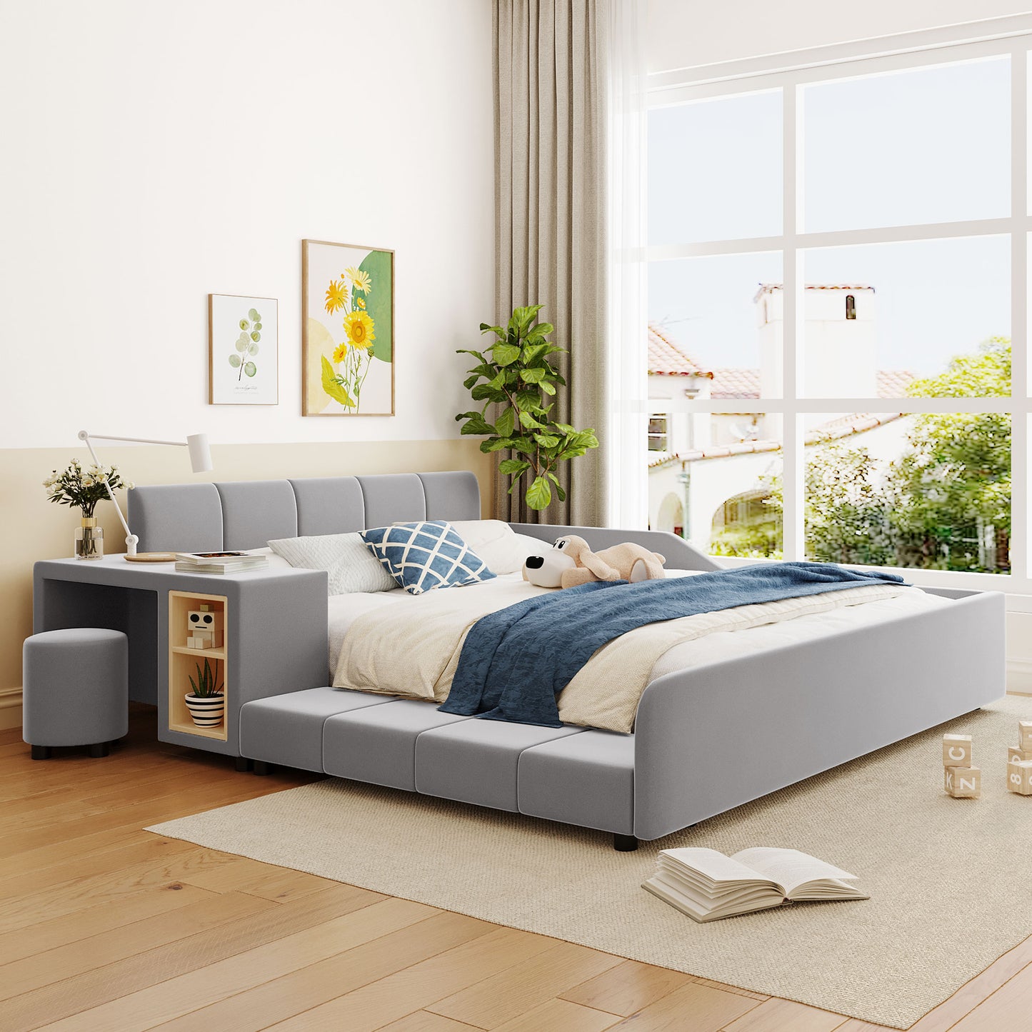 PORKISS Floor Bed Frame Queen Size Velvet Upholstered Grounded Bed with Surrounded Structure, Mother & Child Bed with Bedside Desk and Little Round Stool, Pink