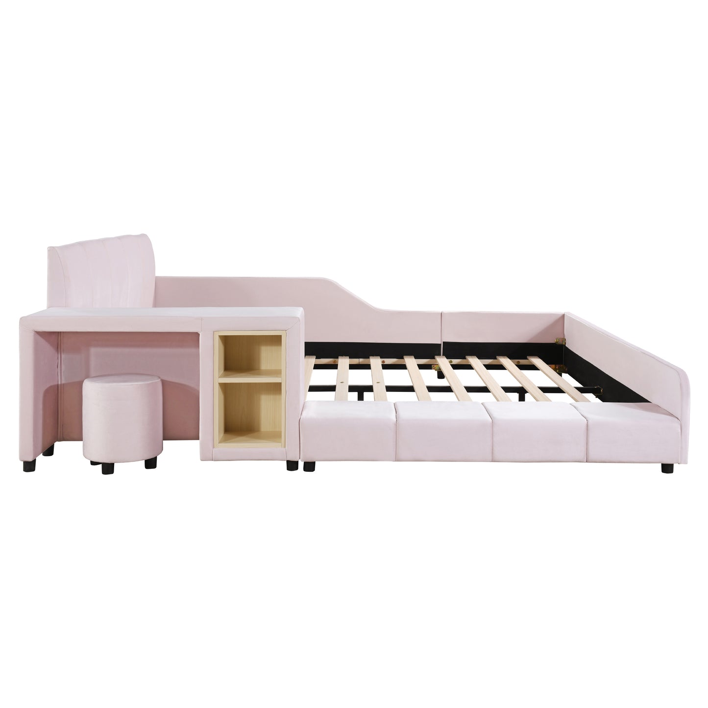 PORKISS Floor Bed Frame Queen Size Velvet Upholstered Grounded Bed with Surrounded Structure, Mother & Child Bed with Bedside Desk and Little Round Stool, Pink