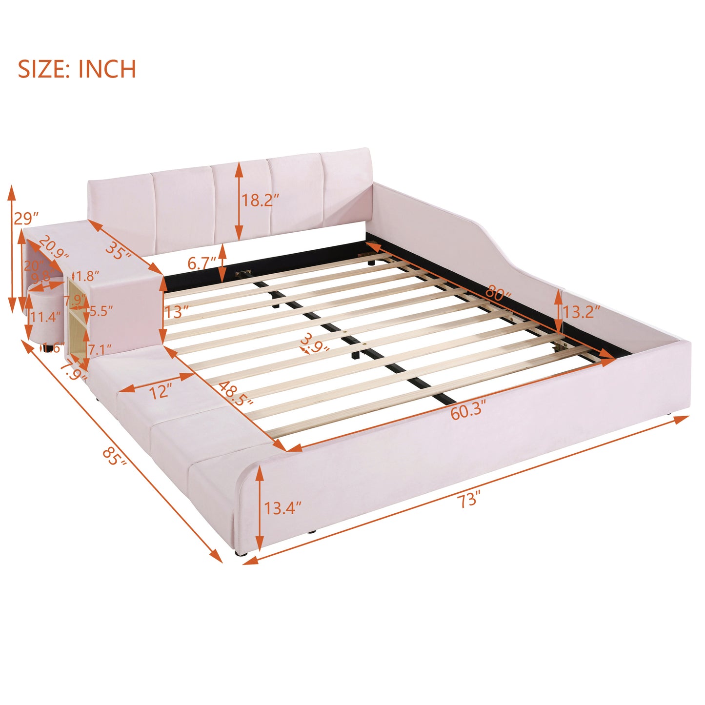 PORKISS Floor Bed Frame Queen Size Velvet Upholstered Grounded Bed with Surrounded Structure, Mother & Child Bed with Bedside Desk and Little Round Stool, Pink