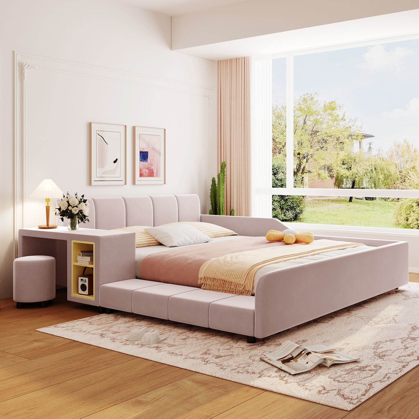PORKISS Floor Bed Frame Queen Size Velvet Upholstered Grounded Bed with Surrounded Structure, Mother & Child Bed with Bedside Desk and Little Round Stool, Pink