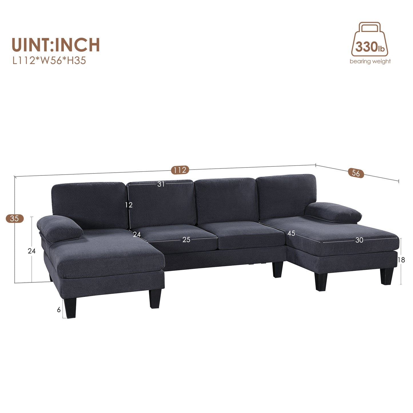 PORKISS Sectional Sofa Couch with Double Chaise, 6 Seats U Shape Velvet Upholstered Sofas Bed for Living Room, Apartment, Studio, Office, Dark Grey