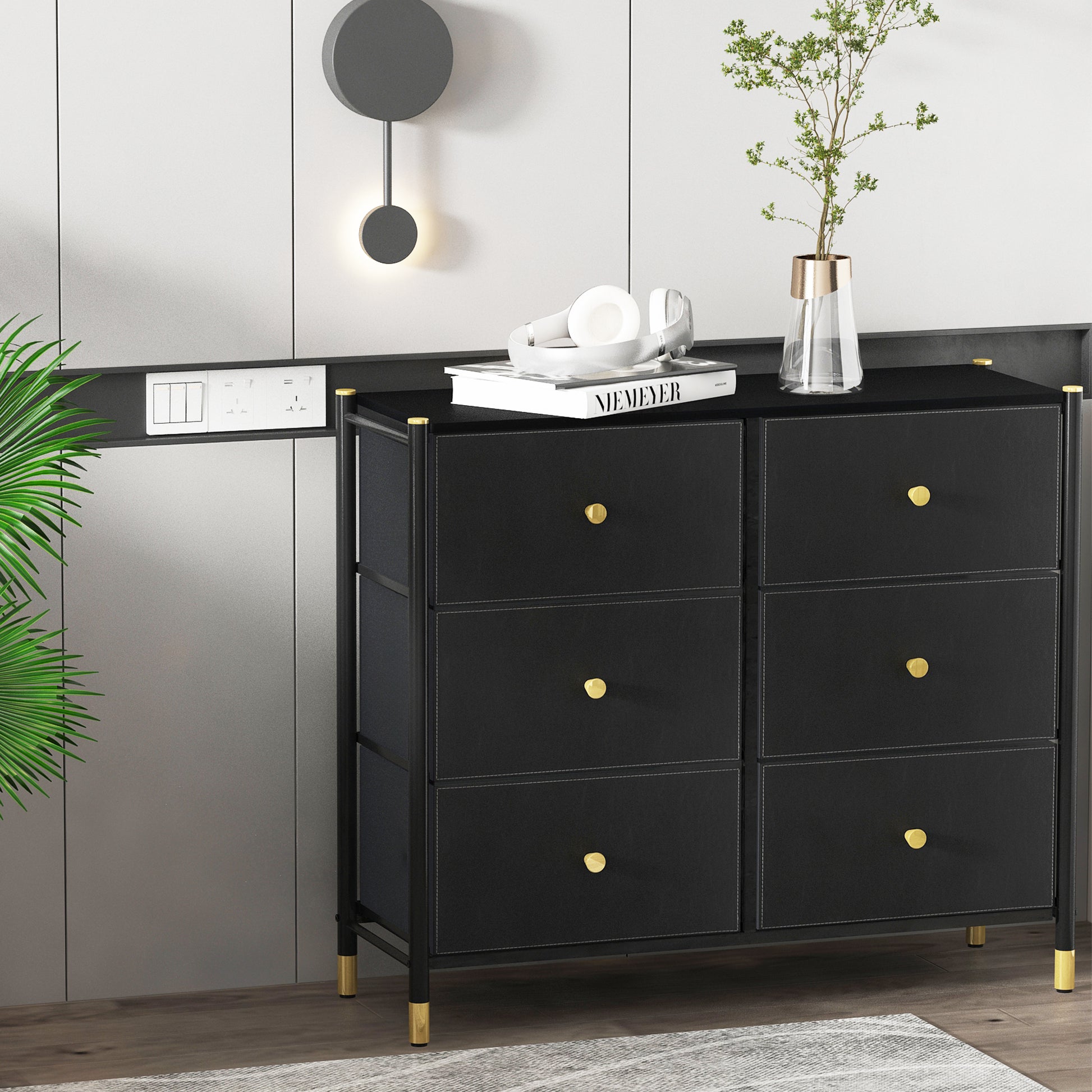 PORKISS 6 Drawer Dresser, Tall Double Dressers for Bedroom with PU Lea PORKISS 6 Drawer Dresser, Tall Double Dressers for Bedroom with PU Lea