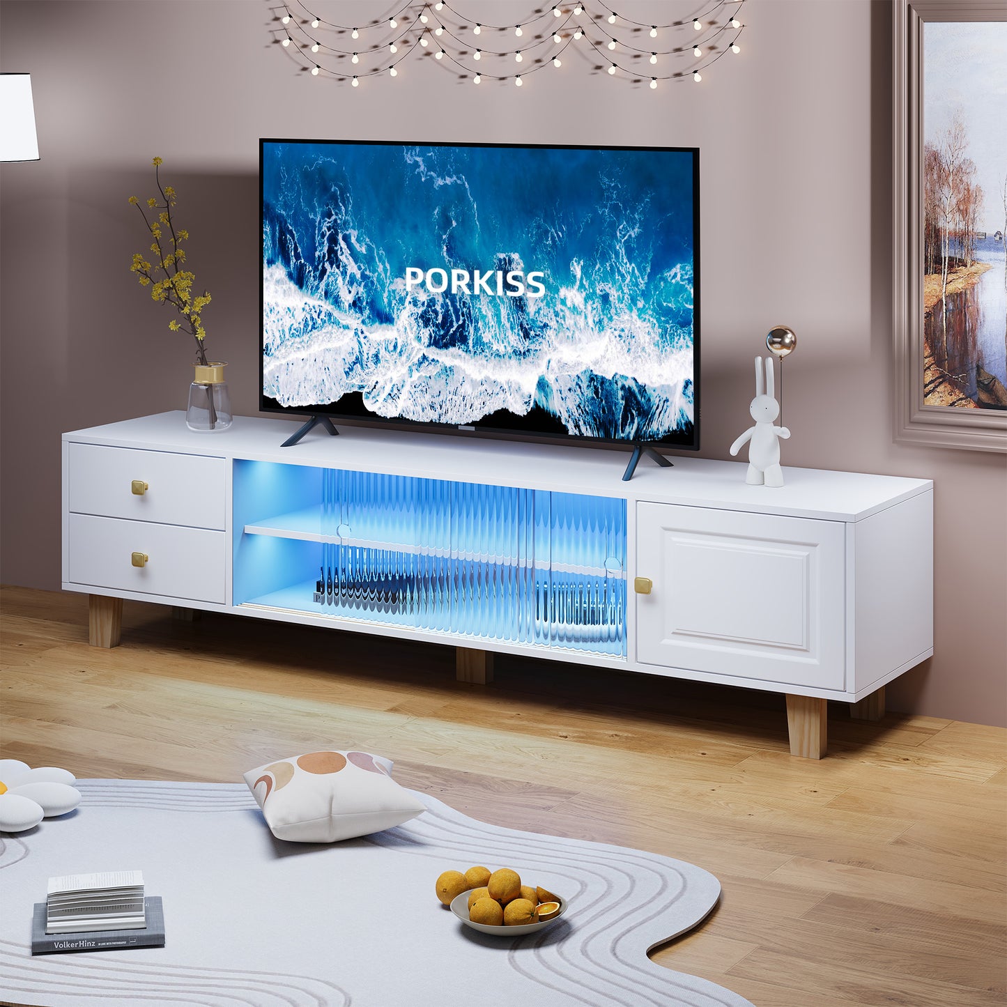 PORKISS TV Stand for TVs up to 70", Entertainment Center with LED Light, TV Console Cabinet with Shelves, White