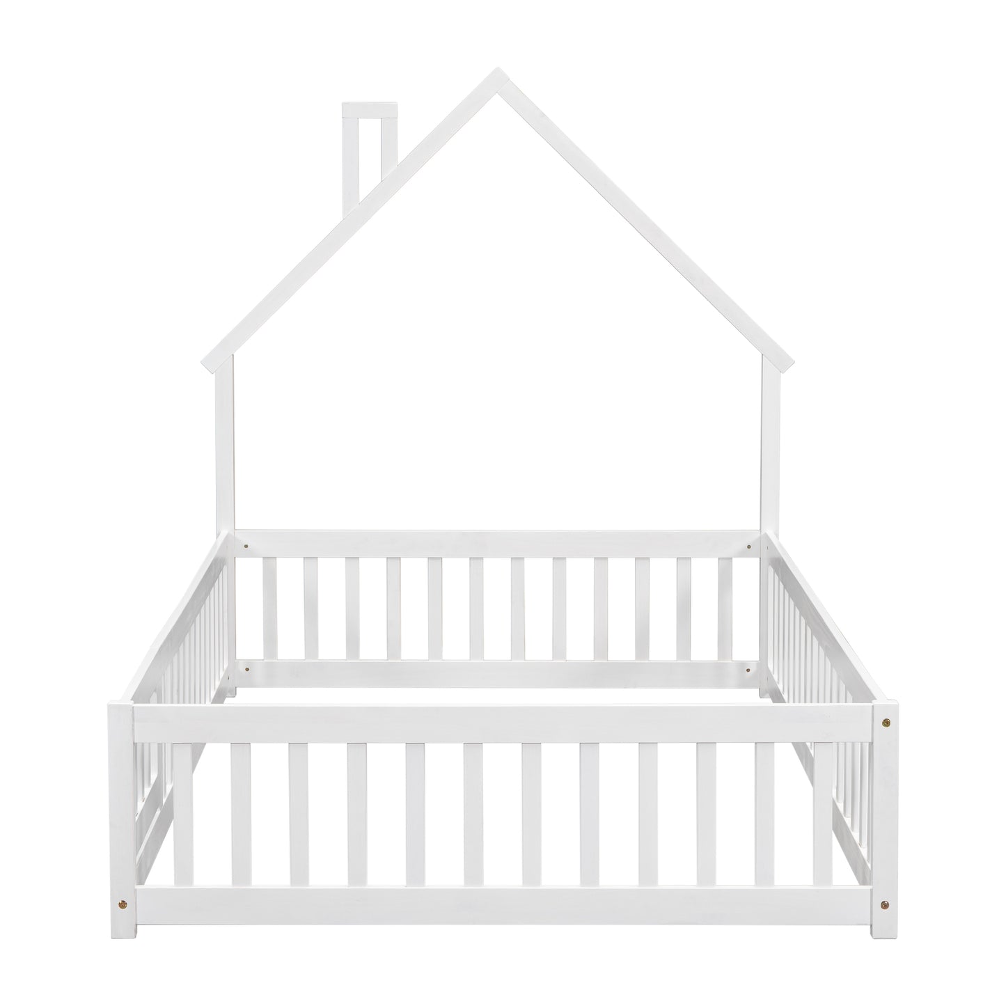 PORKISS Full Size House Platform Bed for Kids with House-Shaped Headboard, Low Floor Bed with Guardrails Fence, White