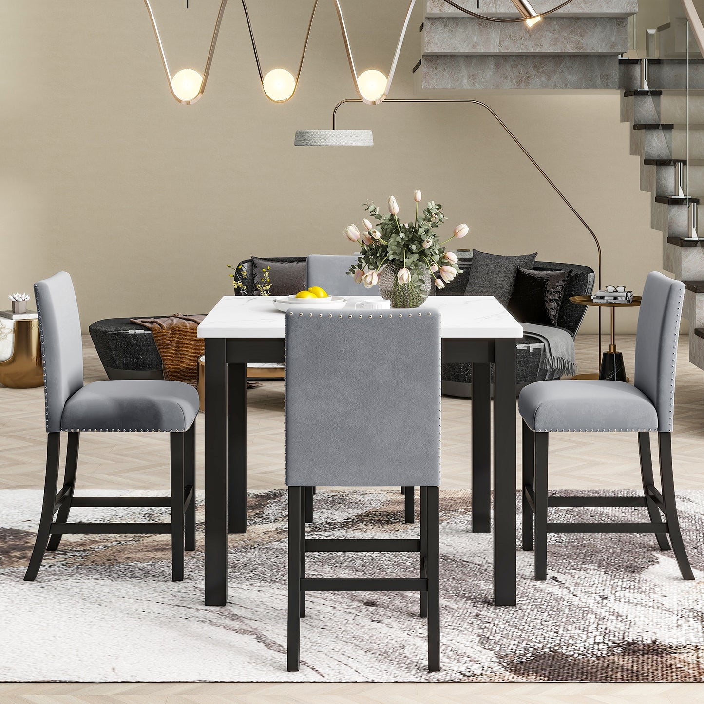 PORKISS Dining Table Set for 4, Dining Room Set with Faux Marble Kitchen Table and Velvet Upholstered Chairs, Counter Height Dining Set, White & Grey