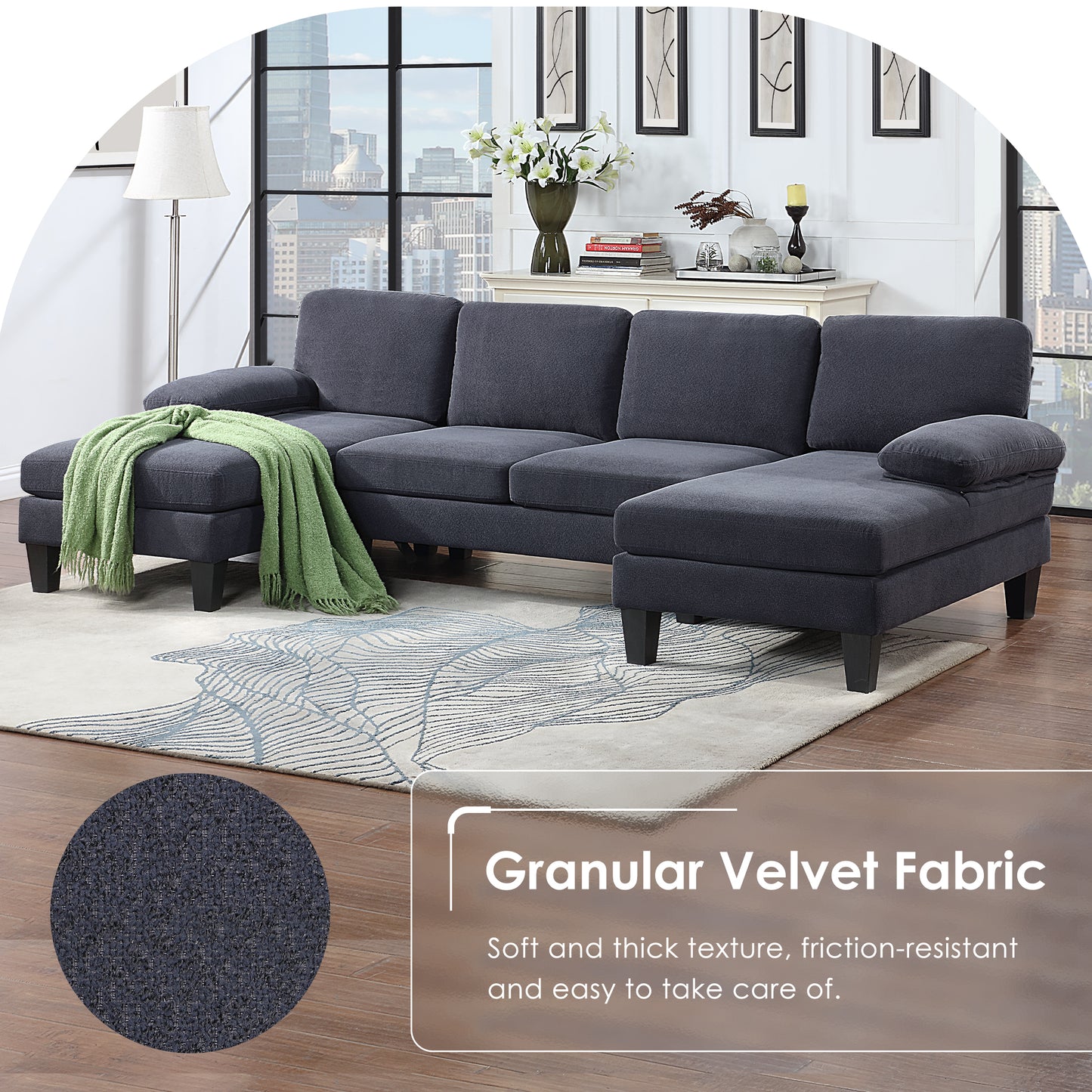 PORKISS Sectional Sofa Couch with Double Chaise, 6 Seats U Shape Velvet Upholstered Sofas Bed for Living Room, Apartment, Studio, Office, Dark Grey