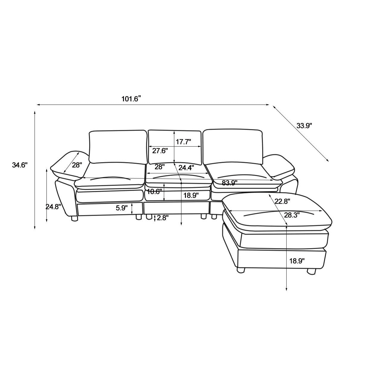 PORKISS Sectional Sofa Couch with Ottoman, 4 Seats L Shape Upholstered Sofas for Living Room, Apartment, Studio, Office, White