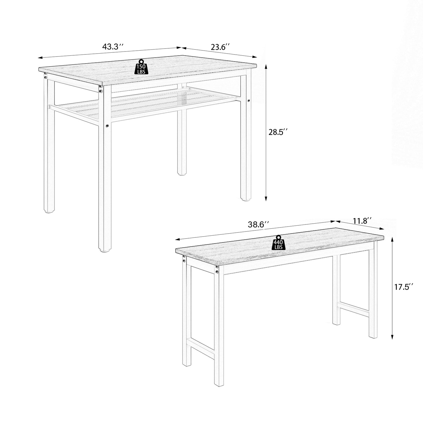 PORKISS Dining Table Set for 4, Dining Room Set with Kitchen Table and 2 Benches, 43.5" White Oak