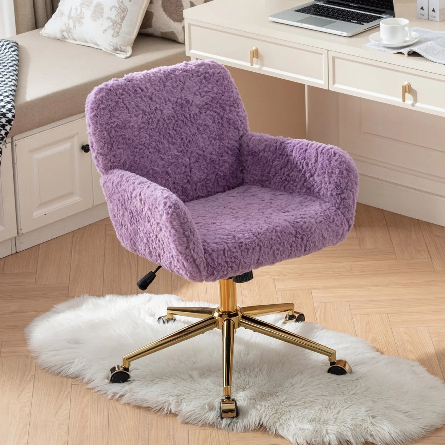 Home Office Chair, Ergonomic Home Desk Chair with Artificial Rabbit Hair, Adjustable Swivel Vanity Task Computer Chair with Arm, Wheels, Beige
