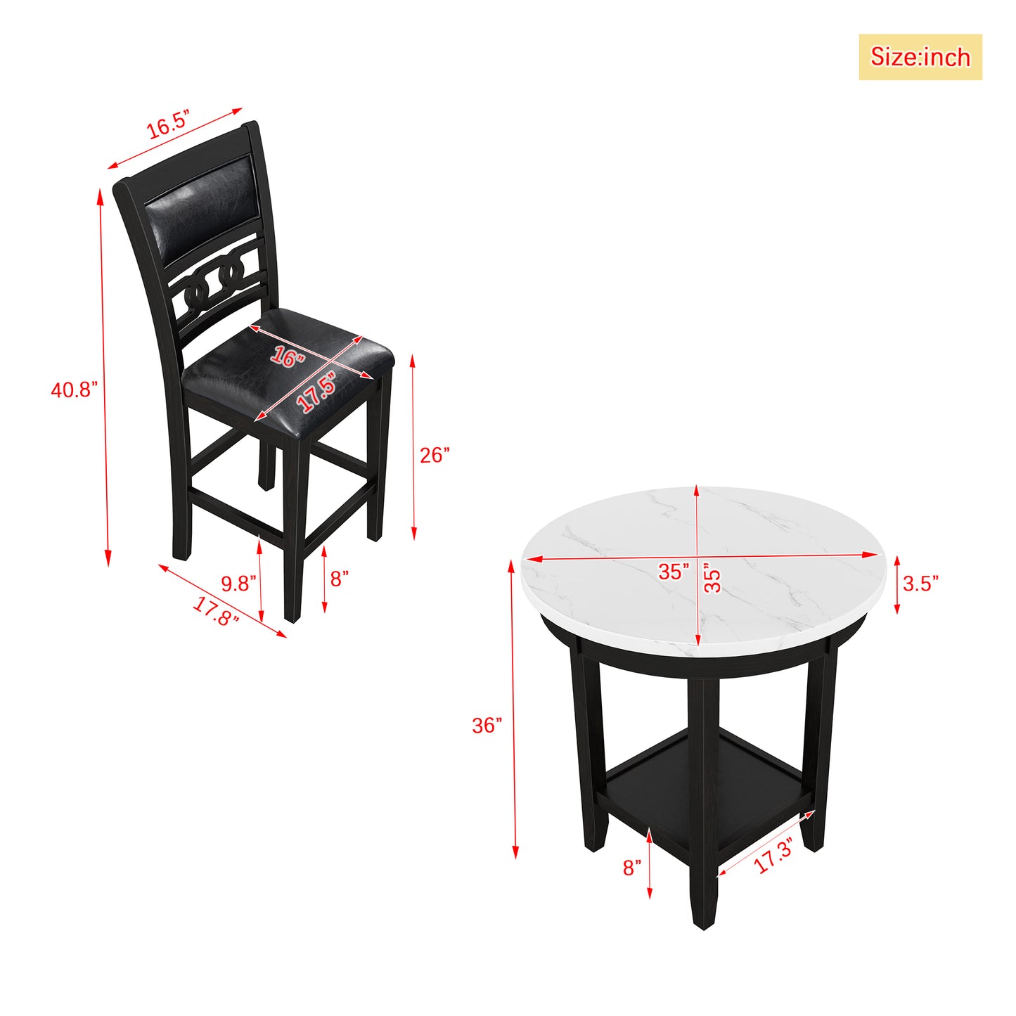 PORKISS Dining Room Set for 4, Dining Table Set with Faux Marble Round Kitchen Table and Upholstered Chairs, Counter Height Dining Set with Storage Shelf, White & Dark Espresso