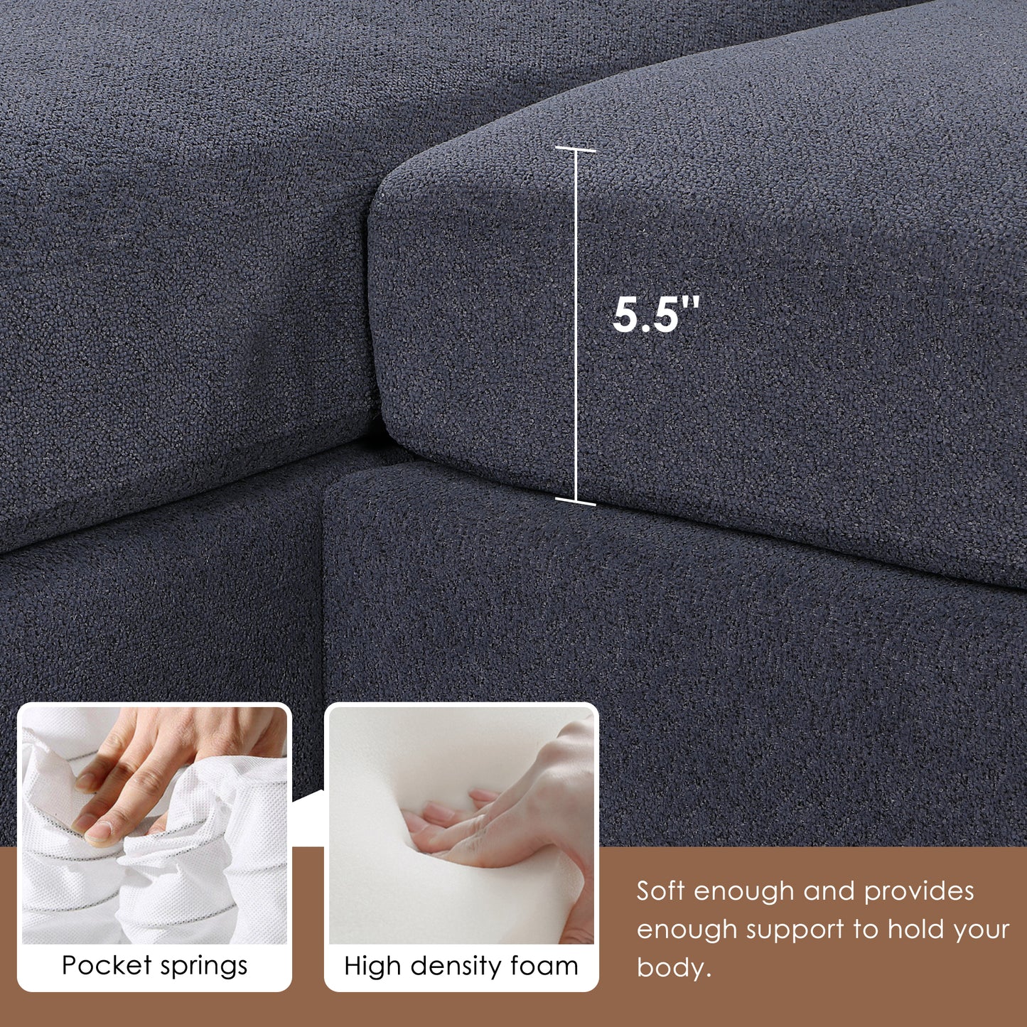 PORKISS Sectional Sofa Couch with Double Chaise, 6 Seats U Shape Velvet Upholstered Sofas Bed for Living Room, Apartment, Studio, Office, Dark Grey