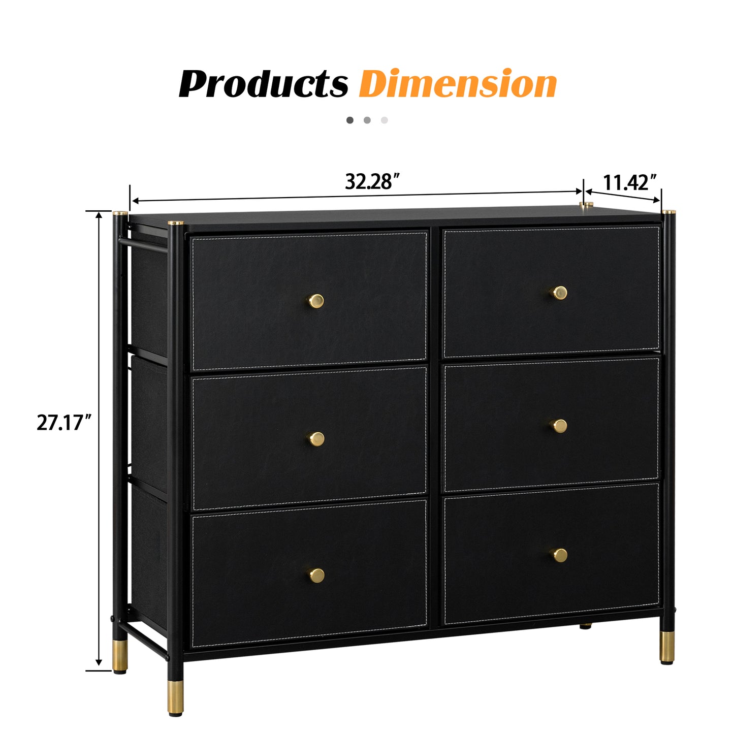 PORKISS 6 Drawer Dresser, Tall Double Dressers for Bedroom with PU Leather Covers and Metal Frame, Chest of Drawers for Closet, Living Room, Hallway, Black