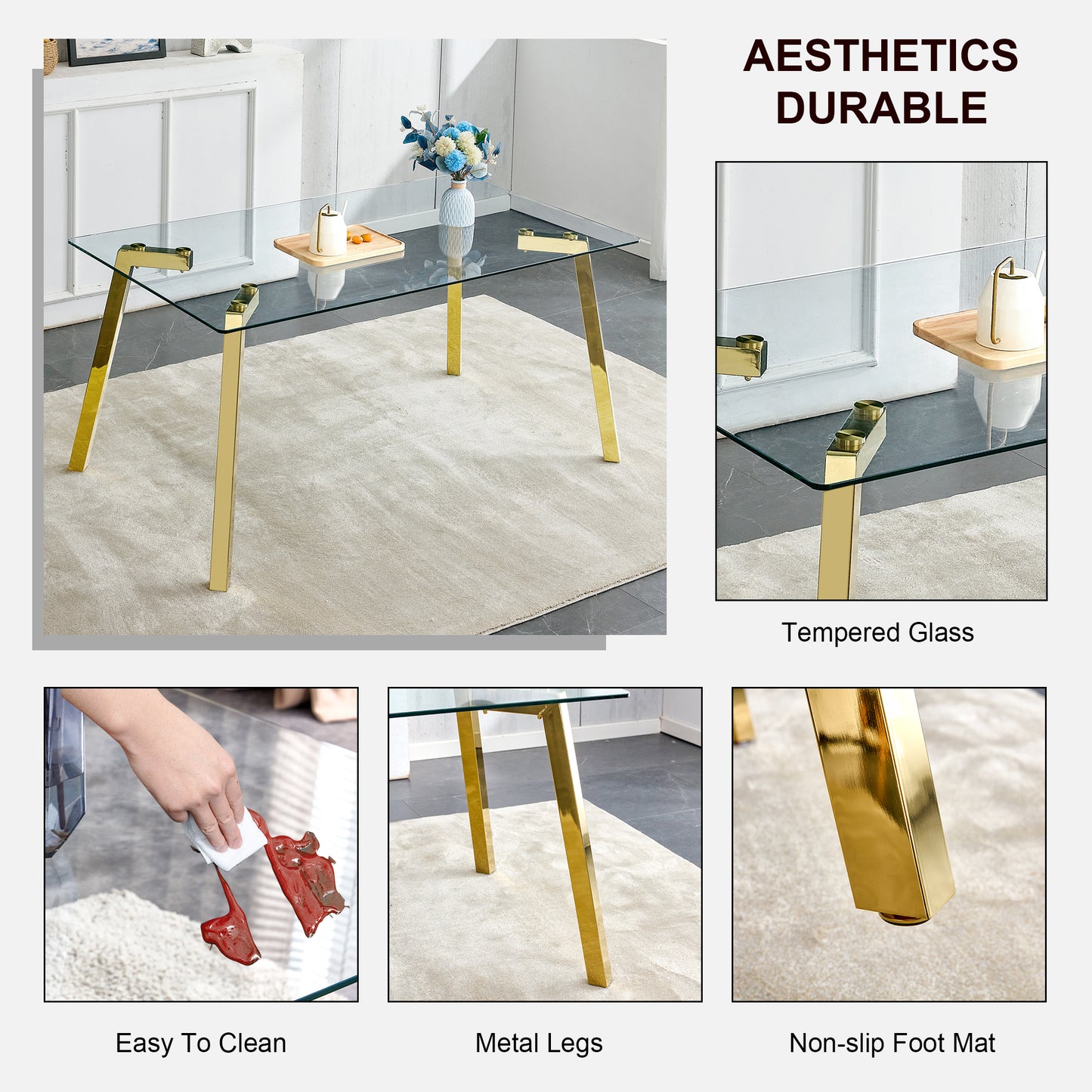 PORKISS Tempered Glass Dining Table with Metal Legs, Rectangle Glass Kitchen Table, 63 Inches, Gold