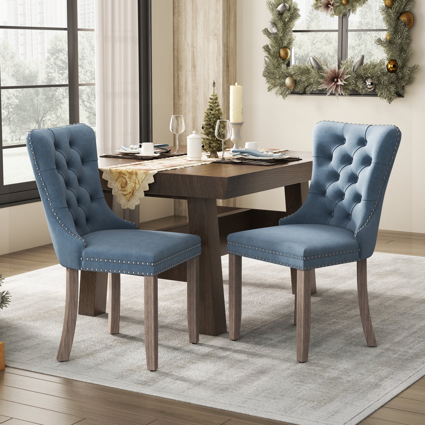 PORKISS Dining Chairs Set of 2, Upholstered High-End Tufted Dining Room Chair with Back Ring and Nailhead Trim, Modern Velvet Chairs with Solid Wood Legs for Kitchen