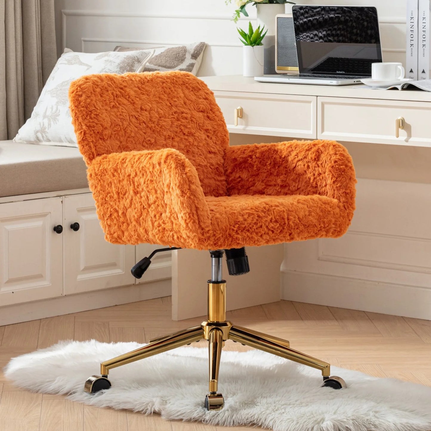 Home Office Chair, Ergonomic Home Desk Chair with Artificial Rabbit Hair, Adjustable Swivel Vanity Task Computer Chair with Arm, Wheels, Beige