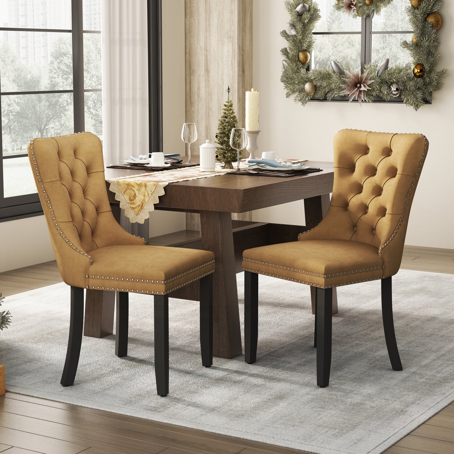 PORKISS Dining Chairs Set of 2, Upholstered High-End Tufted Dining Room Chair with Back Ring and Nailhead Trim, Modern Velvet Chairs with Solid Wood Legs for Kitchen