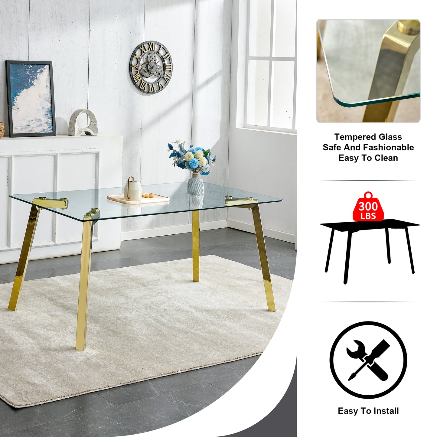 PORKISS Tempered Glass Dining Table with Metal Legs, Rectangle Glass Kitchen Table, 63 Inches, Gold