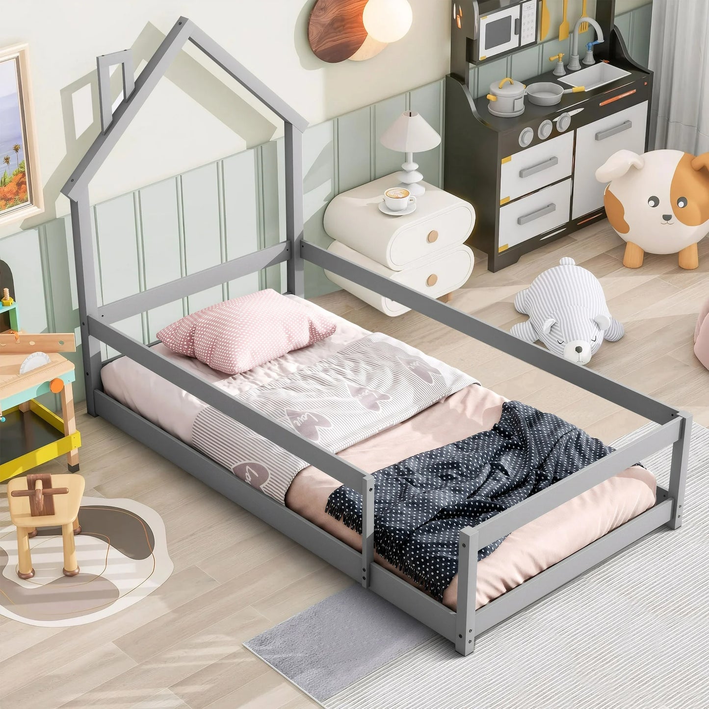 PORKISS Twin Bed Frame for Kids Boys Girls, Solid Wood Platform Bed with House-shaped Headboard, Floor Bed, Gray