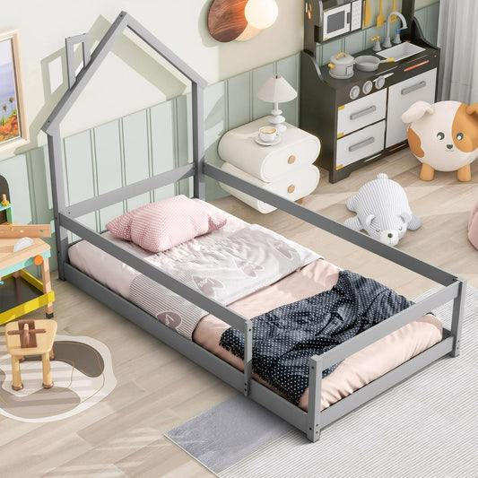 PORKISS Twin Bed Frame for Kids Boys Girls, Solid Wood Platform Bed with House-shaped Headboard, Floor Bed, Gray