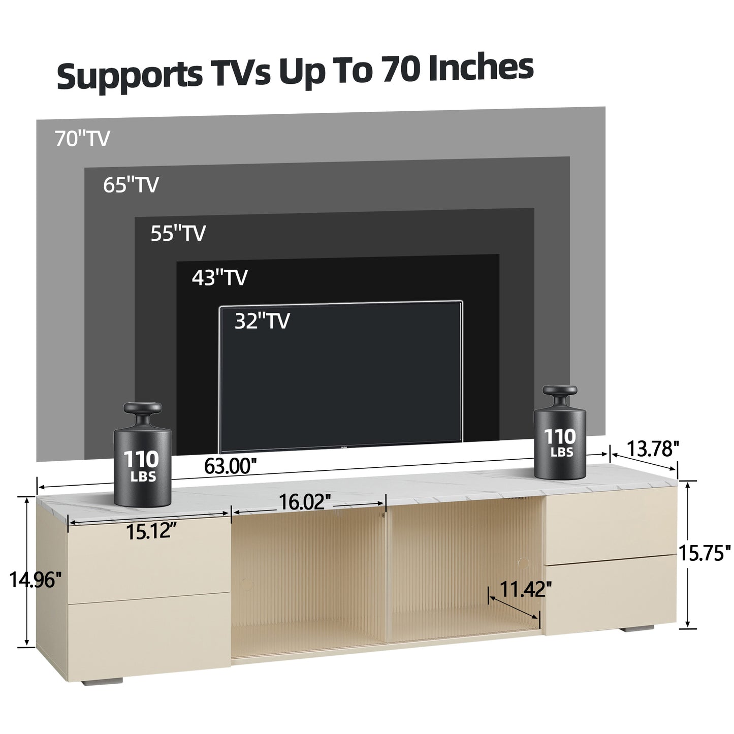 PORKISS TV Stand for TVs up to 70", Entertainment Center with LED, TV Console Cabinet with Shelves, Faux Marble Beige