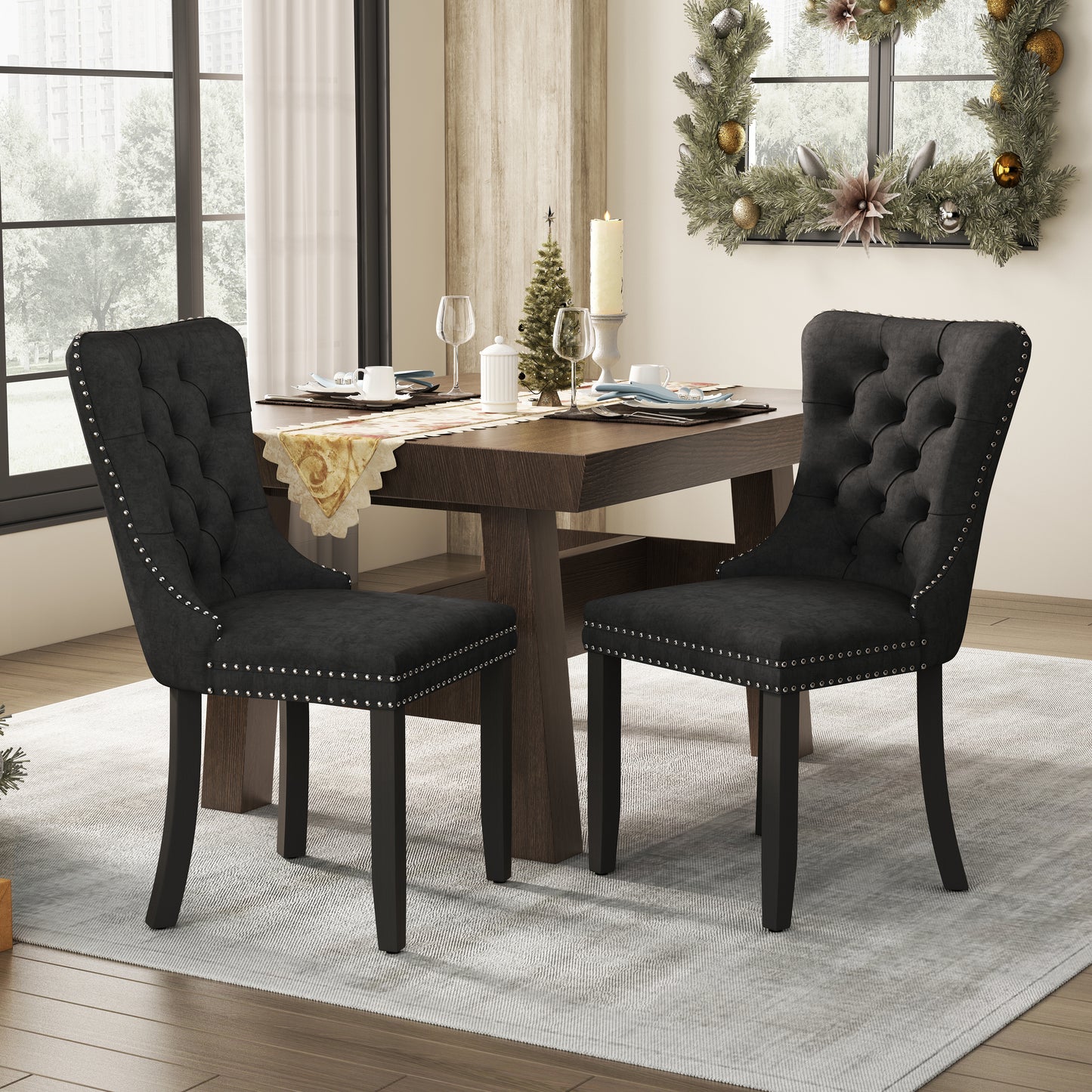PORKISS Dining Chairs Set of 2, Upholstered High-End Tufted Dining Room Chair with Back Ring and Nailhead Trim, Modern Velvet Chairs with Solid Wood Legs for Kitchen