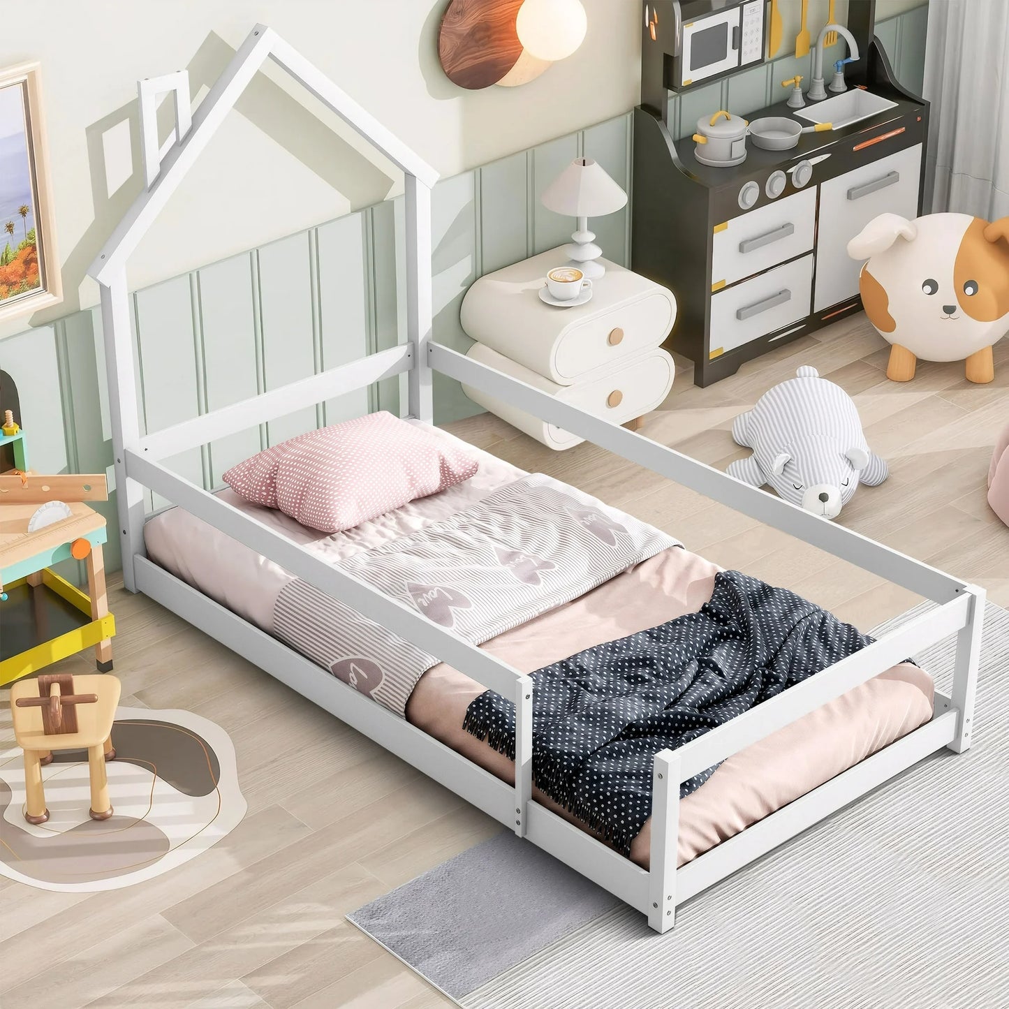 PORKISS Twin Bed Frame for Kids Boys Girls, Solid Wood Platform Bed with House-shaped Headboard, Floor Bed, Gray