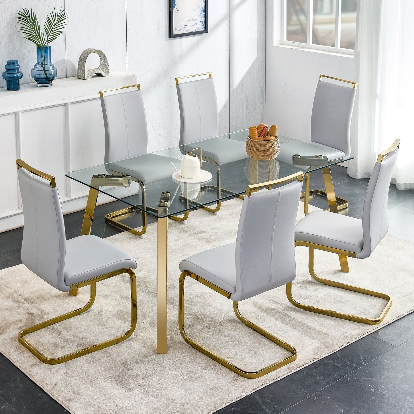 PORKISS Tempered Glass Dining Table with Metal Legs, Rectangle Glass Kitchen Table, 63 Inches, Gold